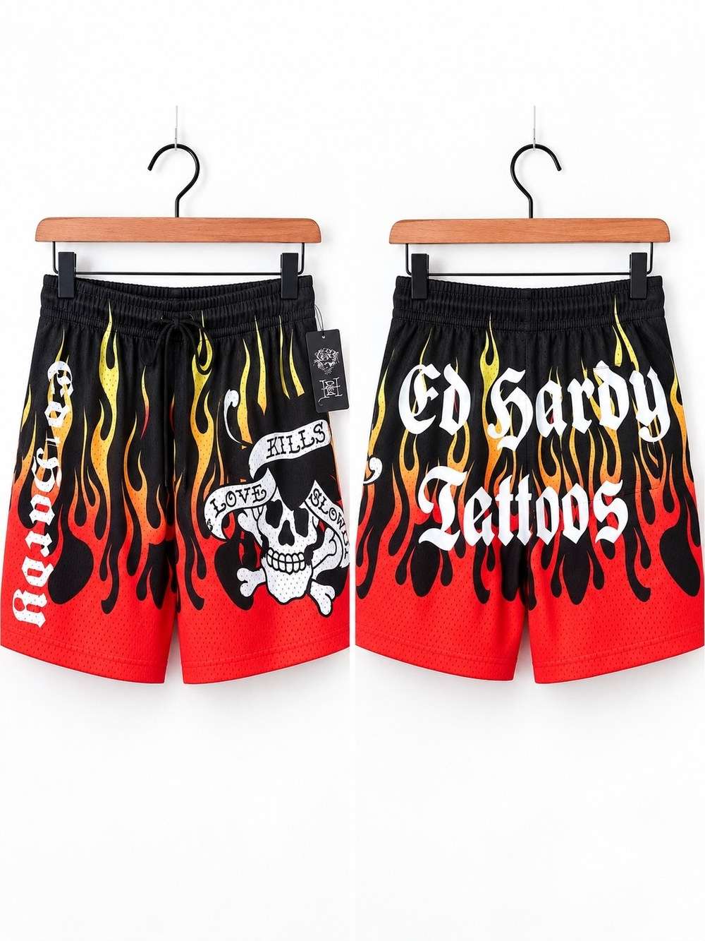 NWT Ed Hardy Love Kills Slowly Skull Flame Mesh Shorts Men’s XL Y2K